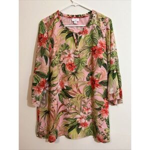 J Jill L Petite Pink Green Tunic Layers Flowy Tropical Spring Blouse Keyhole Tie